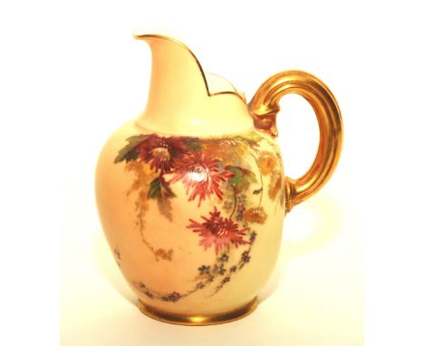 A Royal Worcester blush ivory porcelain jug, decorated with handpainted foliate panels, with gilded handle and border, stampe