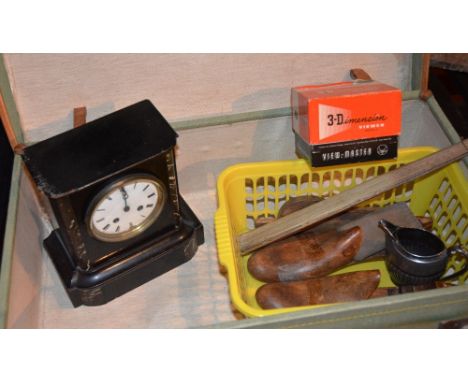 A quantity of collectables in vintage suitcase, to include Victorian mantle clock, viewmaster with slides and wooden shoe tre
