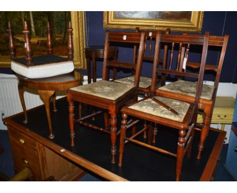 A quantity of occasional tables and chairs to include Victorian bedroom chairs, dressing stool, walnut coffee table and glass