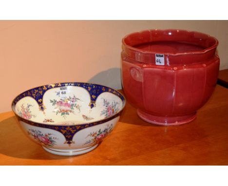 A Spode style porcelain bowl, decorated with handpainted floral panels on white ground with blue border (a/f) 28cm diameter, 