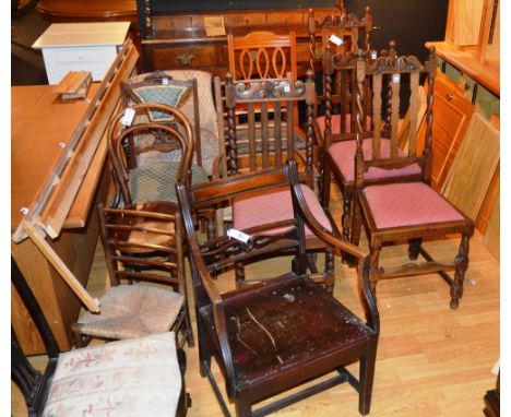 A quantity of dining and parlour chairs, to include a Victorian Chippendale style and Bentwood examples, Waring & Gillows lab