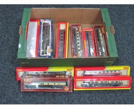 Eleven OO Gauge Outline British Coaches by Hornby, Airfix, Bachmann, boxed.