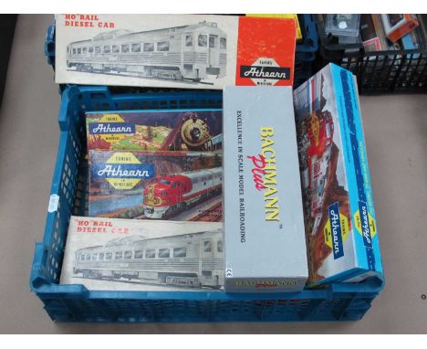 Six HO Gauge Outline American Powered Locomotives and Dummy Cars by Athearn, Bachmann, all untested, boxed.