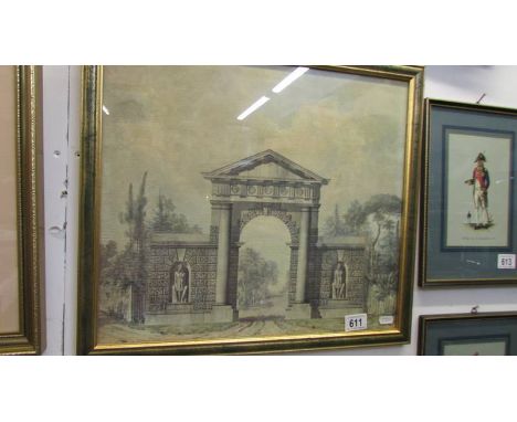 A framed and glaced Grecian architectural scene, COLLECT ONLY.