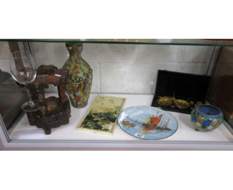 Shelf of collectables to include scales & cloisonné