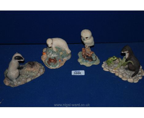 Four pieces of Border Fine Arts by R. Ayres - The Owl and the mouse; seal and a crab; badger and mole; and an otter and frog