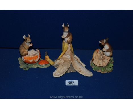 Three Border Fine Arts, a mouse and a banana, a mouse and orange and a mouse on an apple by R. Ayres
