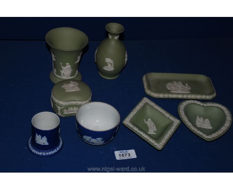 A quantity of Wedgwood jasper ware china in green including vases, trinket plates, trinket lidded dish, a dark blue bowl and 