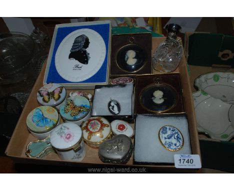 A Coalport china cameo plaque, ten trinket boxes, glass scent bottle, etc