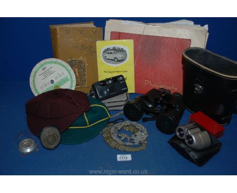 A quantity of miscellanea including cased pair of Greencat binoculars 10 x 50, Sunagor 12 x 21 pocket binoculars, school caps