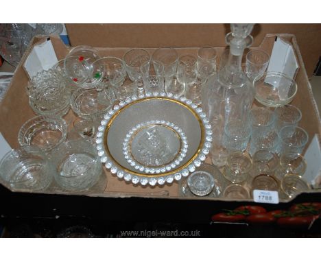 A quantity of glass to include a fruit bowl, decanter, sundae dishes, liqueur glasses, etc