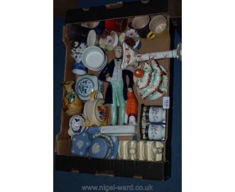 Miscellaneous china including Royal Worcester, jasper ware, egg coddlers, a Lurpack toast rack, a Coalport candlestick, five 