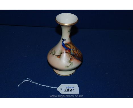 A fine quality Locke and Co. porcelain Worcester Vase, 5 1/2" tall baluster shape with hand painted pine tree with peacock pe