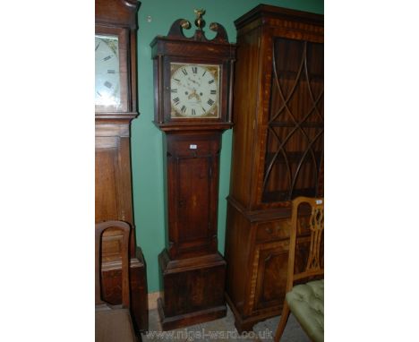 An Oak cottage Longcase Clock having Swan-neck pediment and Eagle-surmounted brass sphere finial, the 30 hour movement having