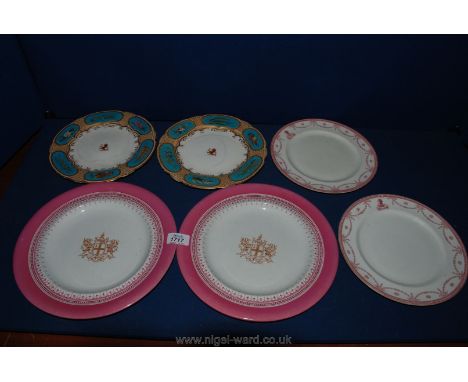 Six crested plates by Copeland, Royal Worcester and Doulton, marks from c1850 to 1899, 27 cms to 23 cms wide, two with "Helme