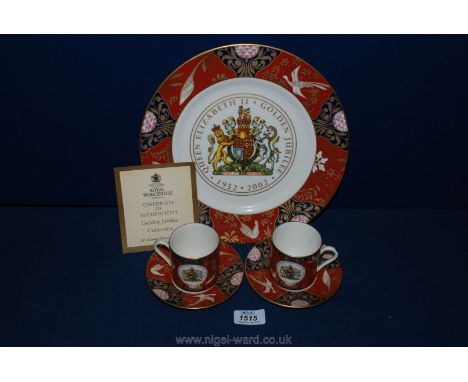 A Royal Worcester 'Golden Jubilee' Plate together with two cups and saucers