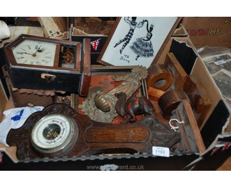 A quantity of miscellanea to include a cuckoo clock (as found), a barometer (as found), wooden bookends, trays, a wooden mant