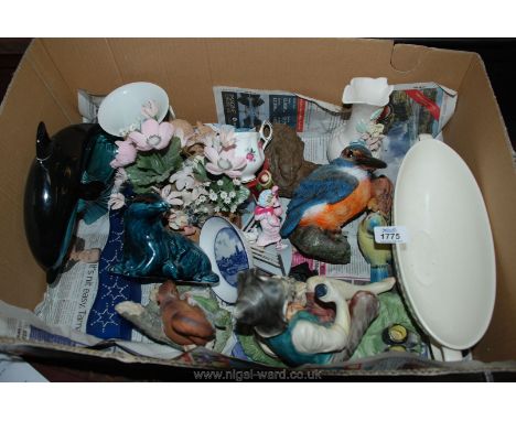 A Box of Ornaments Inc. Wedgwood Bowl, a Blue Glazed Poole Badger by Barbara Linley Adams &  a Poole Dolphin (latter A/F).