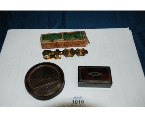 A set of sovereign Scales in original box, J. Bourn's portable balance, a tortoiseshell table snuff Box, the lid depicting tw