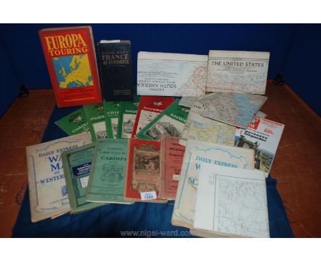 A box of old maps and travel books including Michelin French maps, guide bleu France Automobile Europa touring, etc