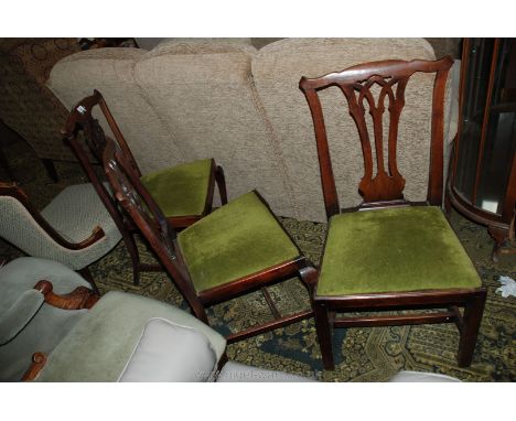 Three older reproduction Mahogany Chippendale design Dining Chairs on cabriole legs and having green upholstered drop-in seat