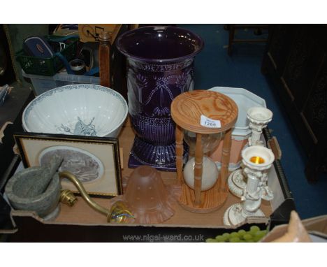 A small quantity of miscellanea including sand timer, light fitting, small pestle and mortar, porcelain plaque picture (frame