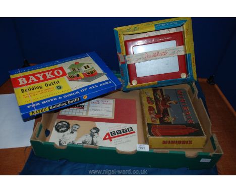 Four boxed toys and games c1950's, Bayko building outfit 13, Etch a Sketch (with original packaging), minibrix (with catalogu