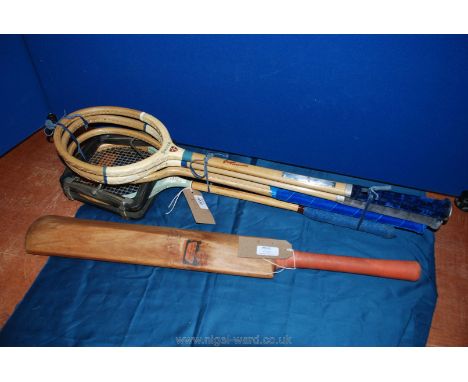 A Grays of Cambridge "Light blue" wooden squash racket in a Dunlop press belonging to HR Angus along with two more similar Gr