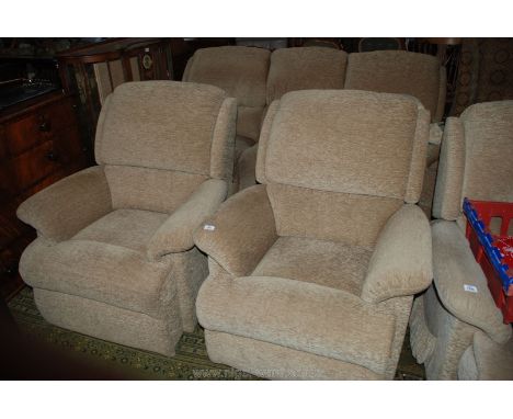 A beige foliage patterned Lounge Suite comprising of a three seater settee and two armchairs (one manual reclining).