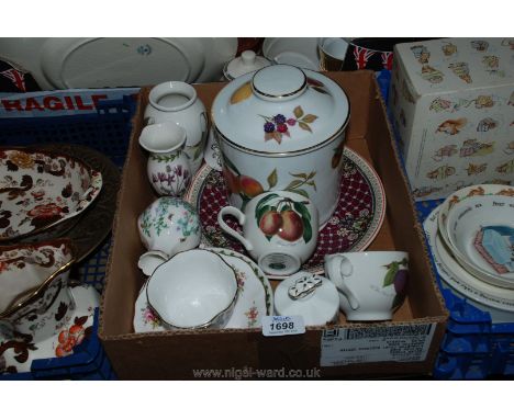 A quantity of china including commemorative plate, bell, etc; a Royal Worcester 'Evesham' biscuit barrel and lid, Portmeirion