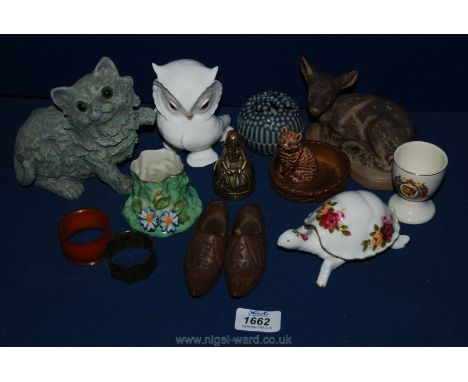 A Royal Osborne owl, cottage rose tortoise, Poole pottery, George VI egg cup, brass Dutch girl bell, etc