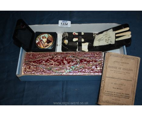 An inlaid pencil box with shell, small handbag size sewing kit, small book 'History of England' and a small cat trinket box a