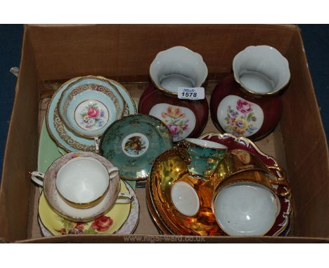 A quantity of china including a matching pair of Jlmenau vases and dishes, two Royal Worcester cups and saucers, Paragon cup 