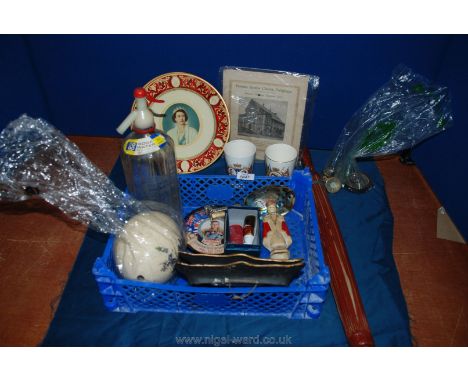 A quantity of miscellaneous including two enamel commemorative plates, painted ostrich egg, soda syphon and parasol, etc