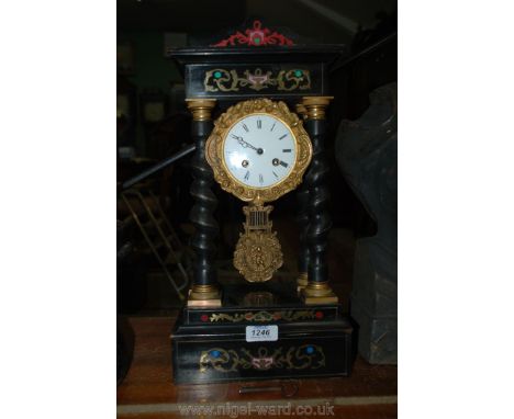 A French ebonised Portico Clock with brass and coloured inlay c1890