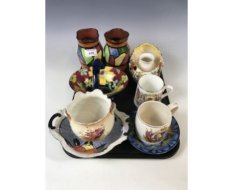 A Tuscan ceramic basket together with a pair of vases and a Sylvac planter etc