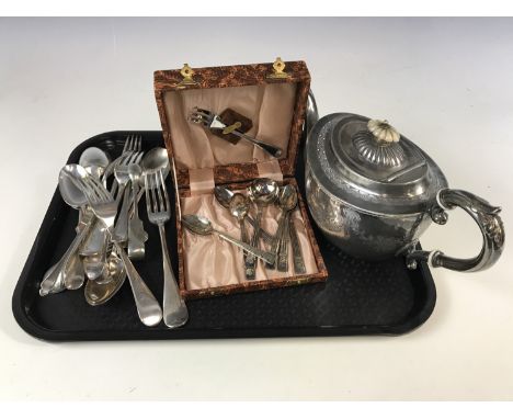 An electroplate teapot together with a quantity of cutlery