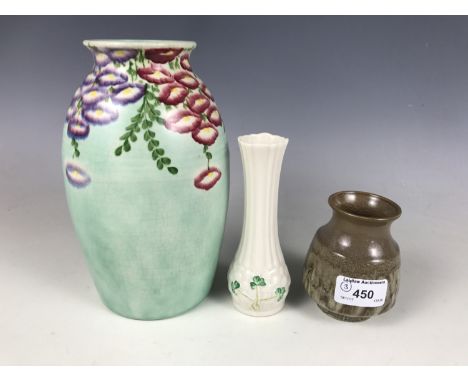 A Radford Burslem ware vase together with a Belleek vase and a small Lancastrian vase