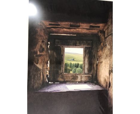 After Paul Stangroom (contemporary, North East, Paul Stangroom Fine Art Gallery, Prudhoe) View through a rustic window over f