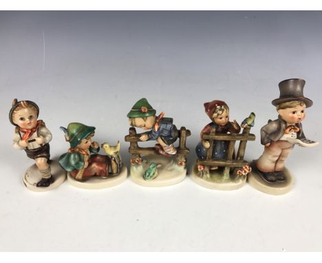 Five Hummel figurines including Street Singer, School Boy, Signs of Spring, Retreat to Safety and Singing Lessons