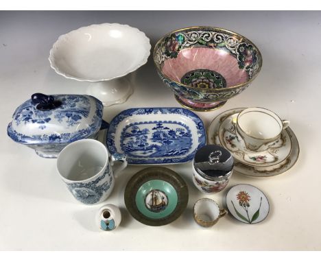 A Maling bowl (a/f) together with a Meakin comport, Goss crested item, an early 19th century porcelain trio, a Queen Victoria