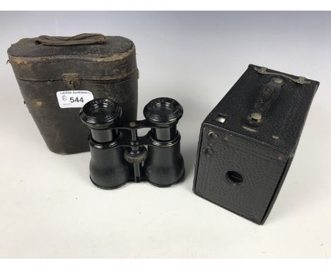 A Kodak No 2 Brownie box camera and a set of Chevalier Parisian opera / field glasses