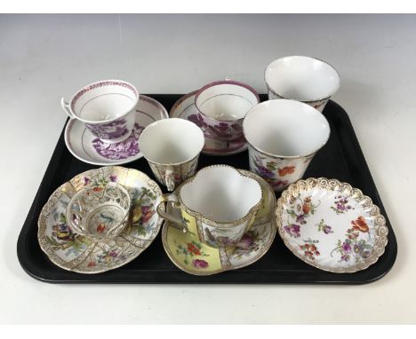 A Meissen cup and saucer together with a Dresden dish and Sunderland lustre cups and saucers etc