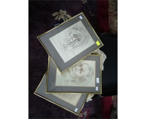 Three shoulder length portrait sketches, together with a suitcase of various textiles/linen