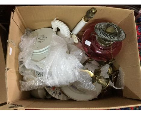 An Art Nouveau cranberry and brass oil lamp, together with assorted ceramics, including Kaufman printed ceramic wares, gilt b