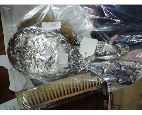 Edwardian silver dressing table brush set, including button hook, shoe horn, clothes brush, hair brush and mirror, hallmarked