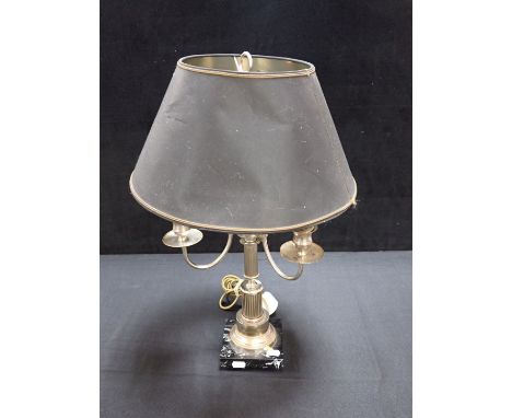 A THREE-BRANCH SILVER-PLATED TABLE LAMP with central column on black marble base (some wear, for re-wiring)