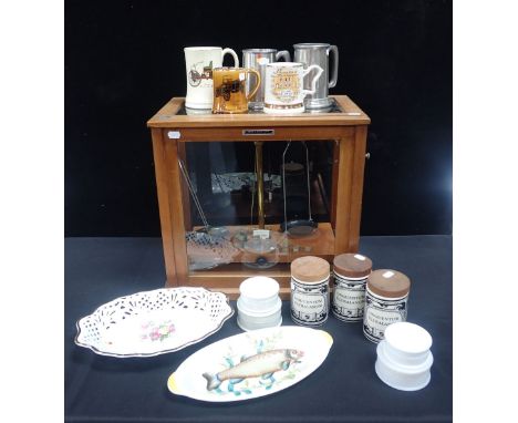A SET OF CHEMIST'S SCALES, BY GRIFFIN AND GEORGE LTD, WADE CHEMIST'S JARS a Schumann pierced dish, and other ceramics and sun