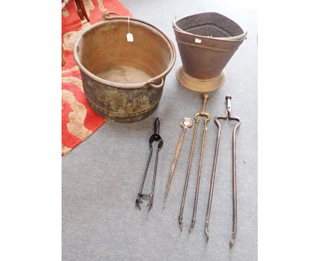 A COPPER COAL BUCKET OR LOG BIN WITH RIVETTED SEAM a coal scuttle, and various fire tools