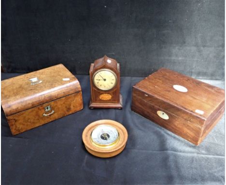 A VICTORIAN BURR WALNUT BOX with mother-of-pearl inlay (altered from a writing slope) with a rosewood box, mahogany cased clo